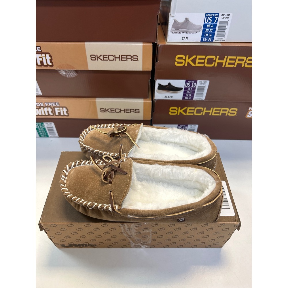 Lamo Britain Moc II Wide Women 5 Chestnut Suede Faux Fur Slippers EW1360W 0698